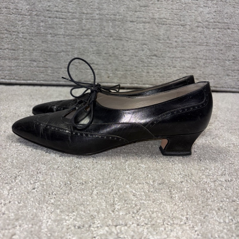 Vtg Nordstrom Black Leather Lace Up Wingtip Low Kitten Heels 8C Dark Academia